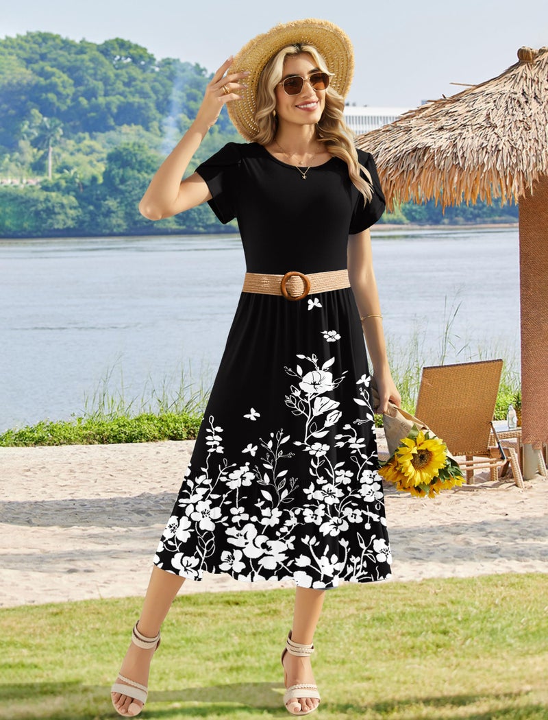 HOTOUCH Short Sleeve Dress Women Summer Dresses for Women 2026 Vacation Shift Dress Sundresses for Women Over 50 Loose Fitting Dresses Black Floral M - Image 5