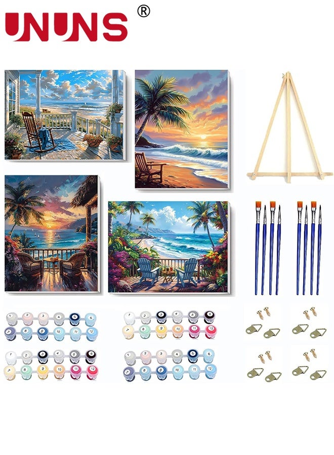 UNUNS 4 Pack DIY Paint by Number Kit,Paint by Numbers for Adults and Kids Beginner,Tropical Beach Designs Painting by Number Kits On Canvas, Number Artist Paint by Number Kit DIY Oil Painting Acrylic Paints Home Wall Decor(40*50cm) - Image 1