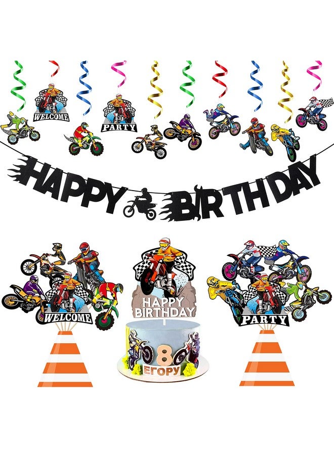 ANGOLIO 42Pcs Dirt Bike Party Decoration Kit Motocross Party Hangling Swirls Dirt Bike Extreme Sports Racing Birthday Party Banner Cake Topper And Table Centerpieces For Man'S Or Boys - Image 1