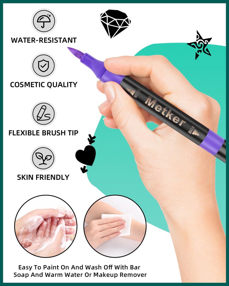 Metker Temporary Tattoo Markers for Skin | Dual-End 16-Count Body Markers + 77 Large Tattoo Stencils | Temporary tattoos for Adults and Kids | Flexible Brush Tip, Bright colors, Skin-Safe*, Cosmetic-Grade - Image 5
