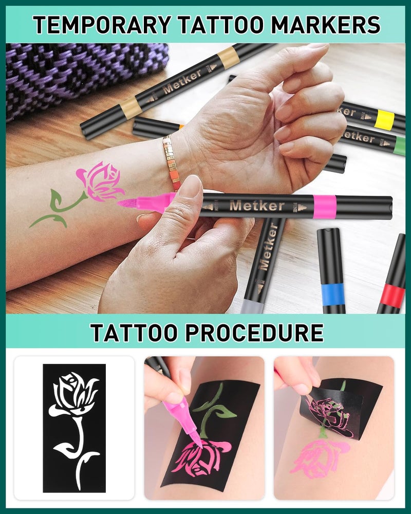 Metker Temporary Tattoo Markers for Skin | Dual-End 16-Count Body Markers + 77 Large Tattoo Stencils | Temporary tattoos for Adults and Kids | Flexible Brush Tip, Bright colors, Skin-Safe*, Cosmetic-Grade - Image 4