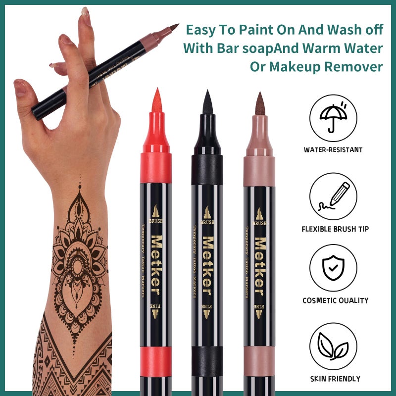 Metker Temporary Tattoo Markers for Skin | Dual-End 16-Count Body Markers + 77 Large Tattoo Stencils | Temporary tattoos for Adults and Kids | Flexible Brush Tip, Bright colors, Skin-Safe*, Cosmetic-Grade - Image 2