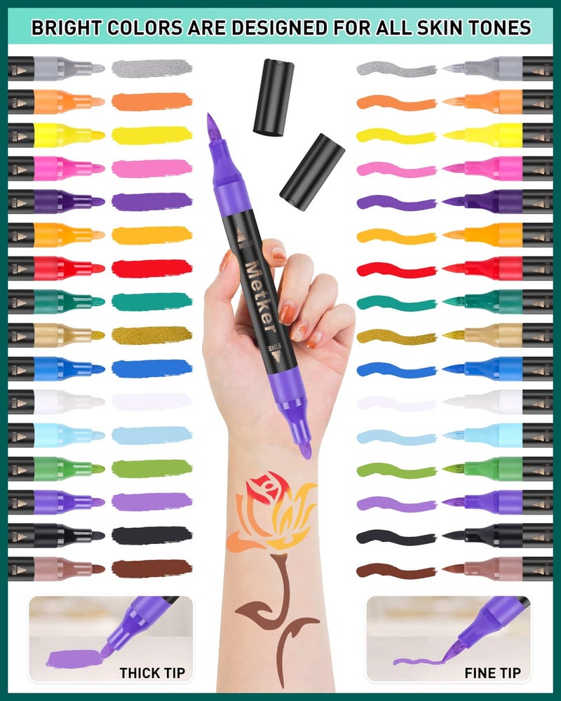 Metker Temporary Tattoo Markers for Skin | Dual-End 16-Count Body Markers + 77 Large Tattoo Stencils | Temporary tattoos for Adults and Kids | Flexible Brush Tip, Bright colors, Skin-Safe*, Cosmetic-Grade - Image 3