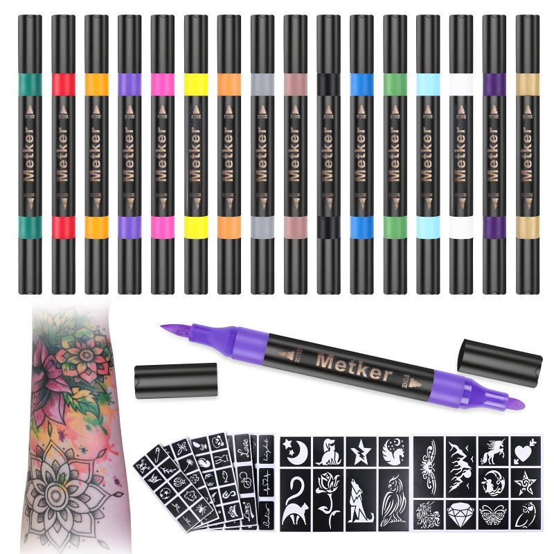 Metker Temporary Tattoo Markers for Skin | Dual-End 16-Count Body Markers + 77 Large Tattoo Stencils | Temporary tattoos for Adults and Kids | Flexible Brush Tip, Bright colors, Skin-Safe*, Cosmetic-Grade - Image 1