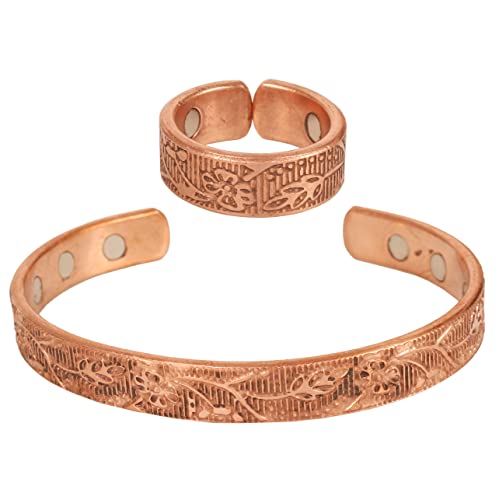 Touchstone Copper Magnetic Hand Forged With Solid And High Gauge Engraved Petals Pattern Minimalistic Elegance Pure Copper Bracelet And Matching Ring In Natural Tone - Image 1