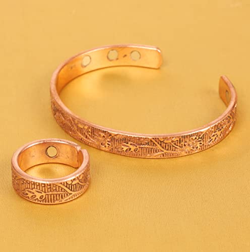Touchstone Copper Magnetic Hand Forged With Solid And High Gauge Engraved Petals Pattern Minimalistic Elegance Pure Copper Bracelet And Matching Ring In Natural Tone - Image 2