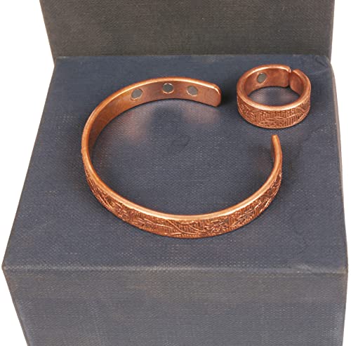 Touchstone Copper Magnetic Hand Forged With Solid And High Gauge Engraved Petals Pattern Minimalistic Elegance Pure Copper Bracelet And Matching Ring In Natural Tone - Image 5