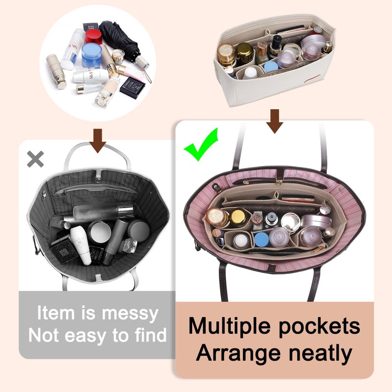 Doxo Purse Organizer Insert for Handbags & Base Shaper 2pc Set,Felt Organizer Insert Large Tote,Bag Organizer with Zipper 7 Sizes,Fit Speedy Neverfull MM/City33 and More(Beige-L-Combination) - Image 2