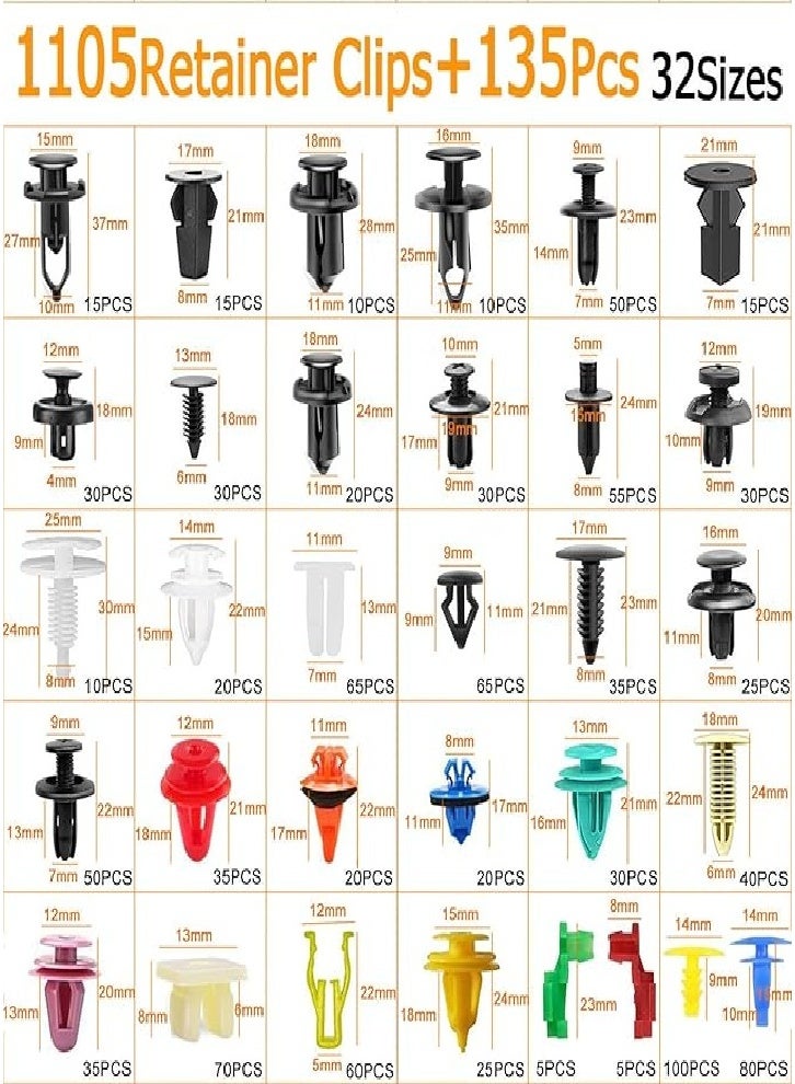 1240 Piece Auto Push Clips and Auto Fastener Kit - 32 Most Common Sizes Nylon Bumper Fender Rivets with 10 Ties and Fastener Remover for Toyota, GM, Ford, Honda, Chevrolet - Image 4