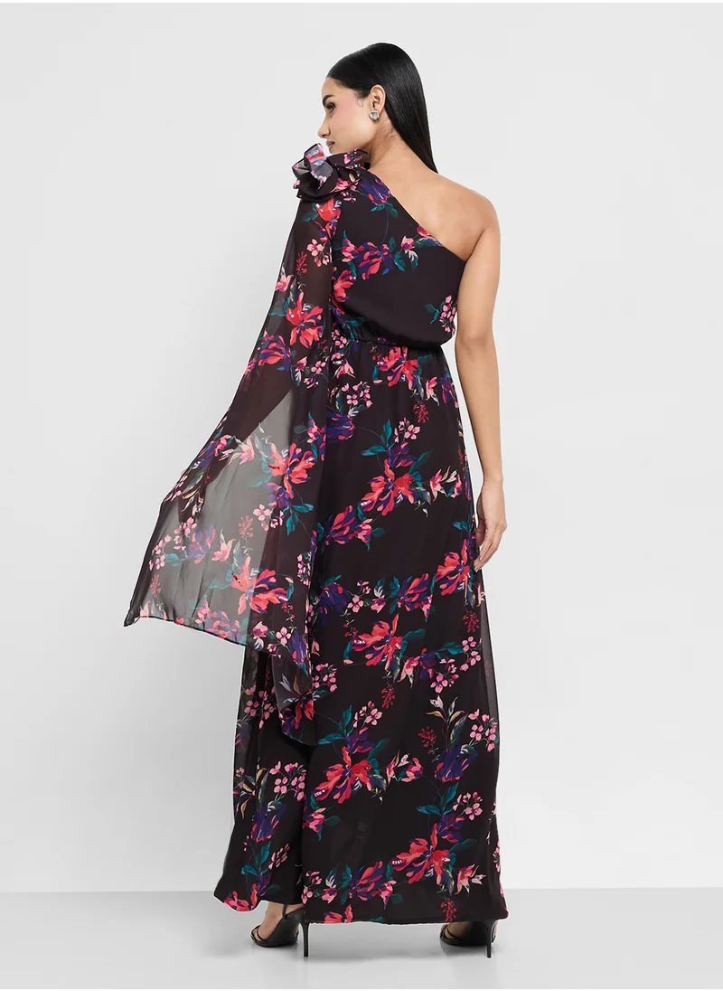 Frock and Frill One Shoulder Printed Cape Sleeve Maxi Dress