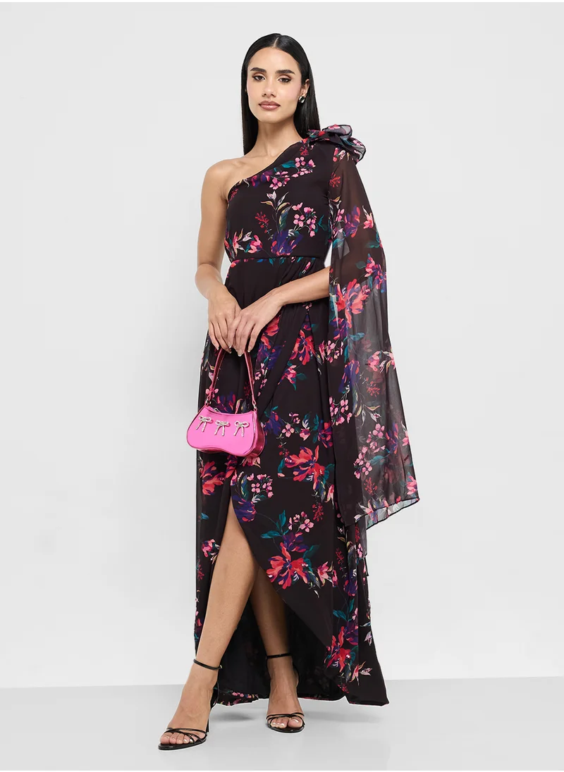 Frock and Frill One Shoulder Printed Cape Sleeve Maxi Dress