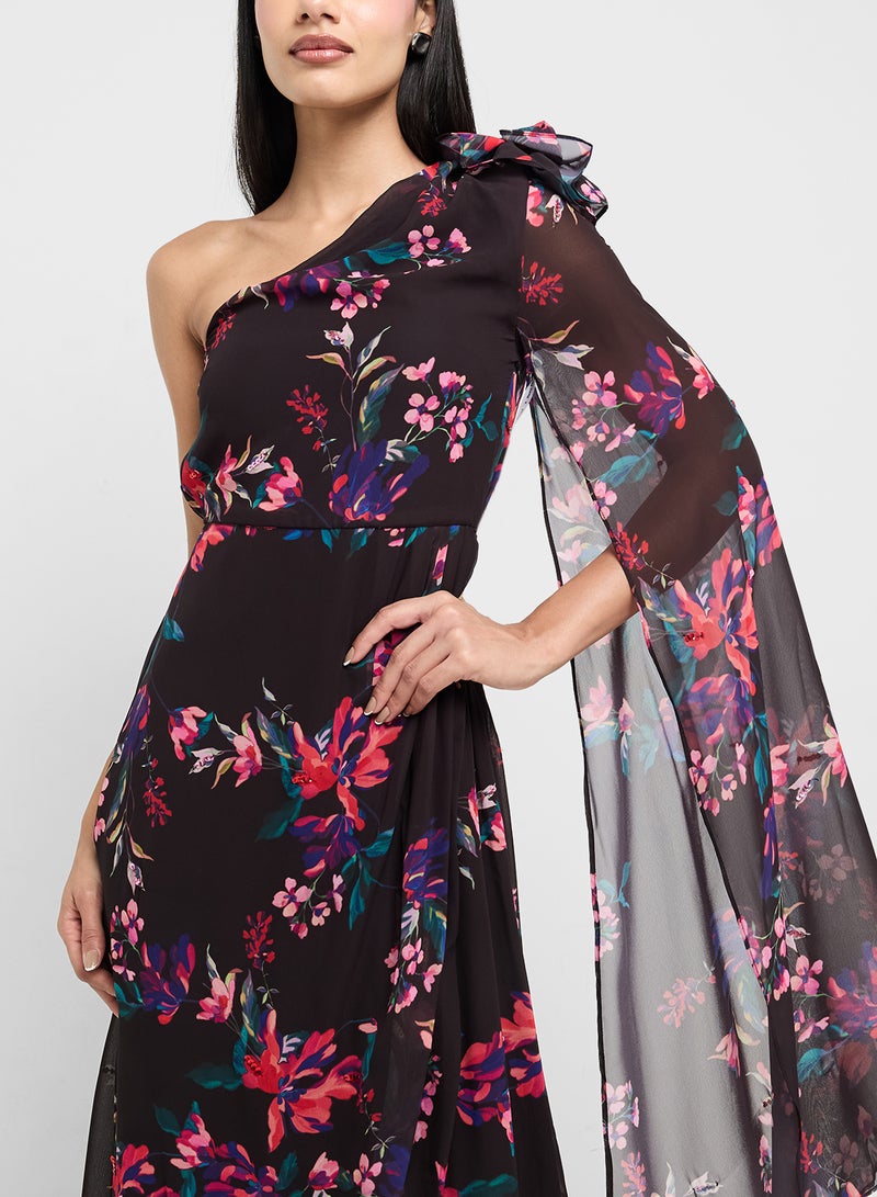 فروك اند فرل فستان ماكسي بكتف واحد وأكمام كاب مطبوعة - Image 3