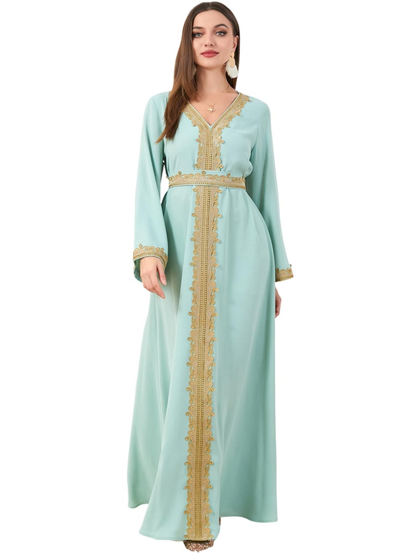 Muslim Dresses for Women One Piece Long Sleeve V Neck Lace Belted Islamic Prayer Dress Abaya Kaftan Dubai Casual Dress jalabiyas  - Image 1