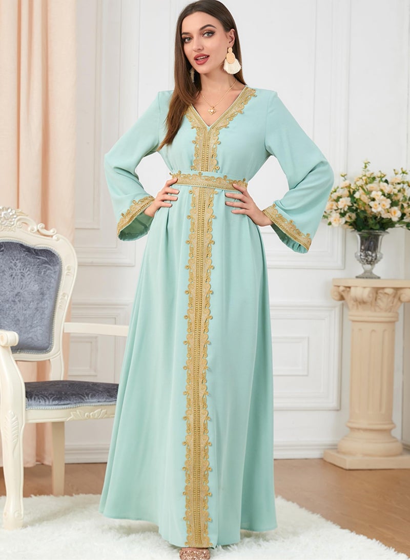 Muslim Dresses for Women One Piece Long Sleeve V Neck Lace Belted Islamic Prayer Dress Abaya Kaftan Dubai Casual Dress jalabiyas  - Image 2