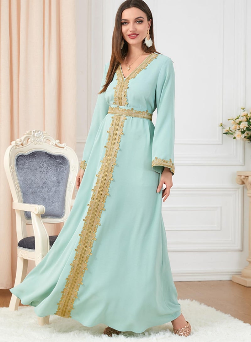 Muslim Dresses for Women One Piece Long Sleeve V Neck Lace Belted Islamic Prayer Dress Abaya Kaftan Dubai Casual Dress jalabiyas  - Image 3