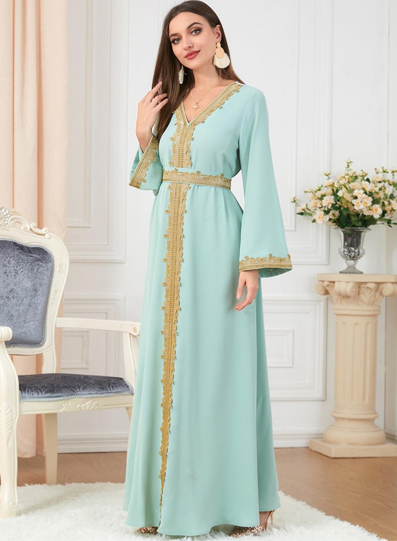 Muslim Dresses for Women One Piece Long Sleeve V Neck Lace Belted Islamic Prayer Dress Abaya Kaftan Dubai Casual Dress jalabiyas  - Image 5