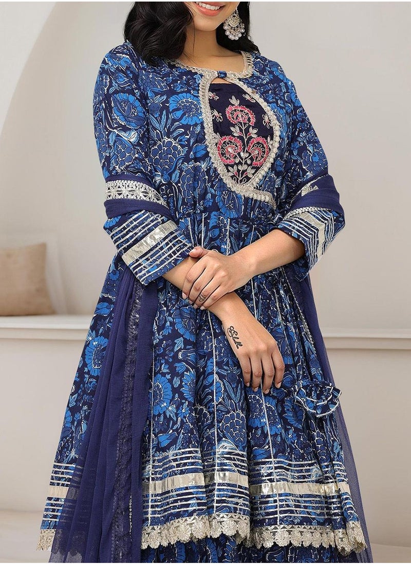 ISHIN Women's Blue 100% Cotton Embellished Tunic Full Length Palazzo Straight Fit Kurta Set  - Image 5