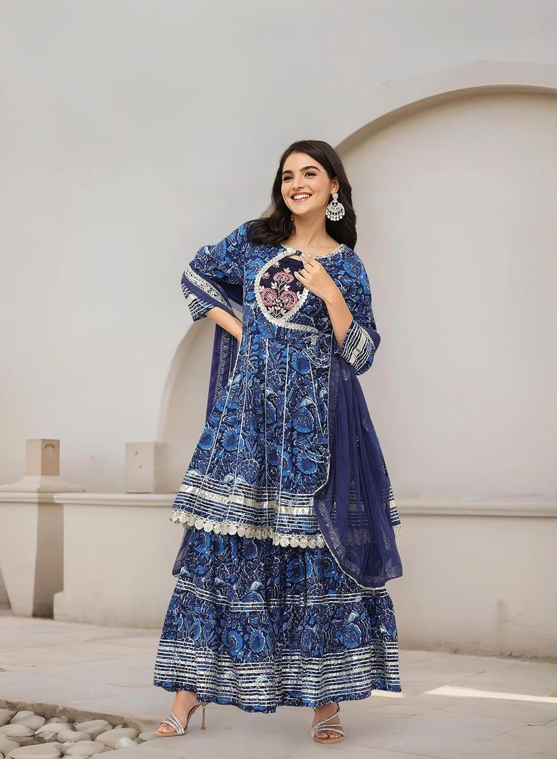 ISHIN Women's Blue 100% Cotton Embellished Tunic Full Length Palazzo Straight Fit Kurta Set