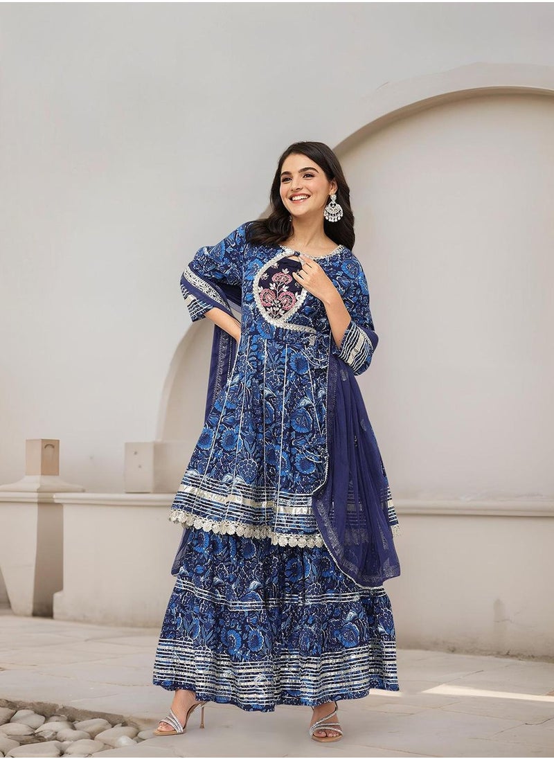 ISHIN Women's Blue 100% Cotton Embellished Tunic Full Length Palazzo Straight Fit Kurta Set  - Image 3