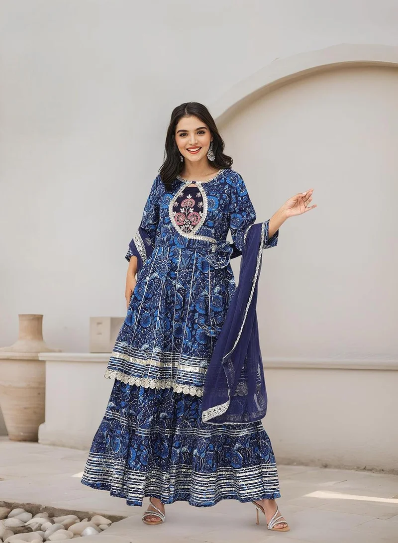 ISHIN Women's Blue 100% Cotton Embellished Tunic Full Length Palazzo Straight Fit Kurta Set