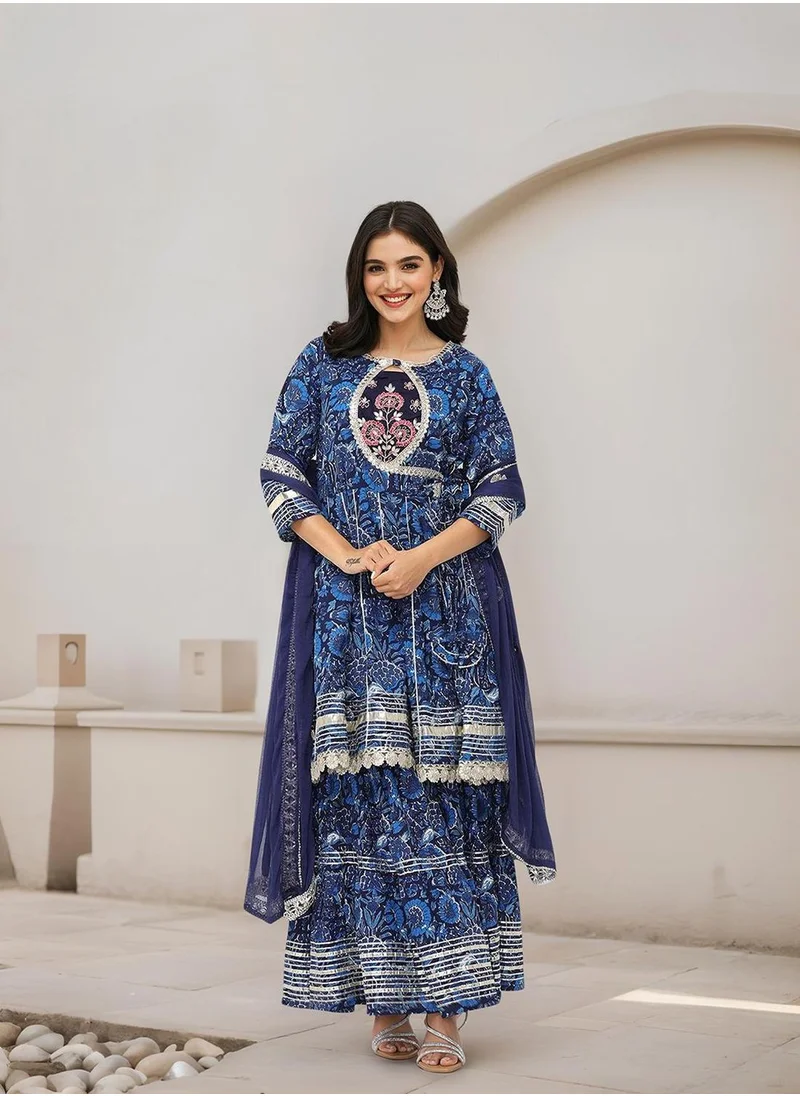 ISHIN Women Blue Cotton Kurta Sets 3pcs sets
