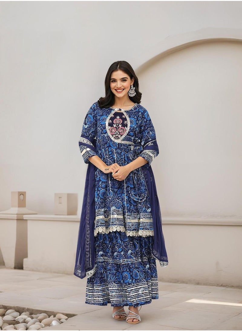 ISHIN Women's Blue 100% Cotton Embellished Tunic Full Length Palazzo Straight Fit Kurta Set  - Image 2