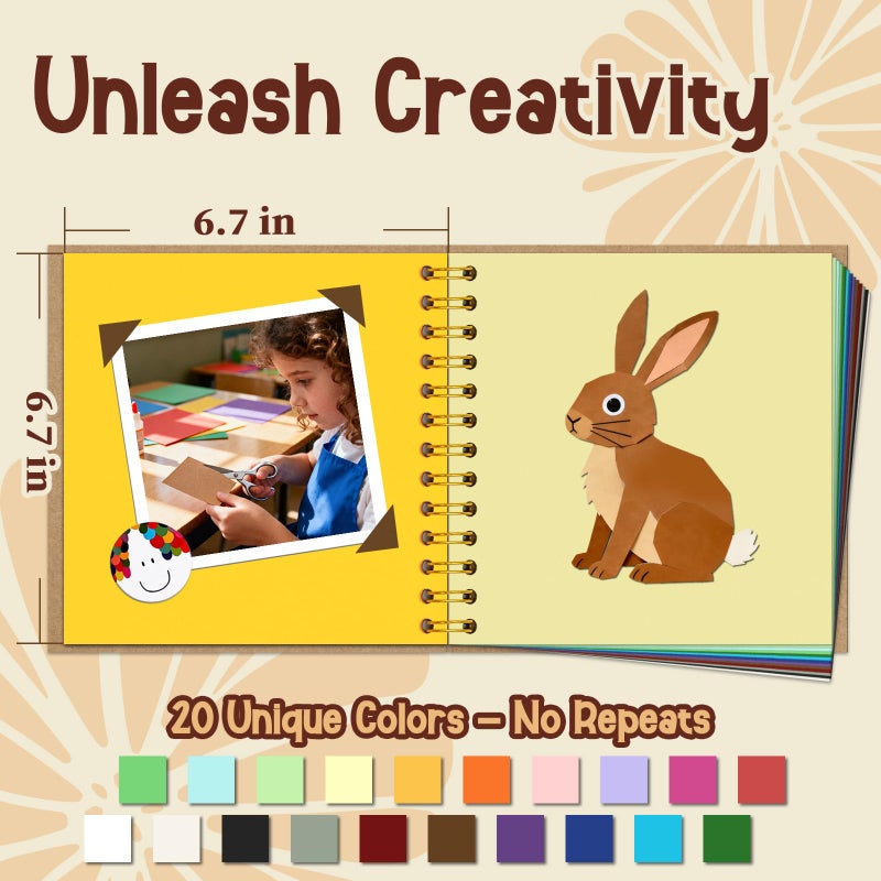 Hiwhy DIY Scrapbook for Kids, 7"x7" 20 Sheet/ 40 Pages Colorful Pages Craft Album, Creative Art Journal for Drawing, Writing, Photo & Stickers, Perfect Handmade Gift for Boys and Girls, Khaki - Image 3