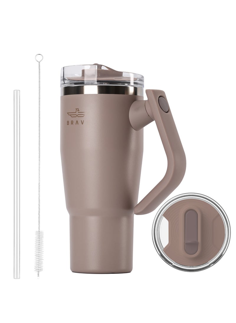 بريف تمب غارد تمبلر 950ml - 18/8 ستانلس ستيل ترافل مج، ثيرمل كوفي كب، 2-in-1 ليك بروف ليد وذ سترو & روتيتنغ هاندل، إنسوليتد هوت & كولد بيفرج مج، كار كب هولدر كومباتبل، ديوربل ريوزبل كوفي ترافل مج (دارك كوفي براون) - Image 1