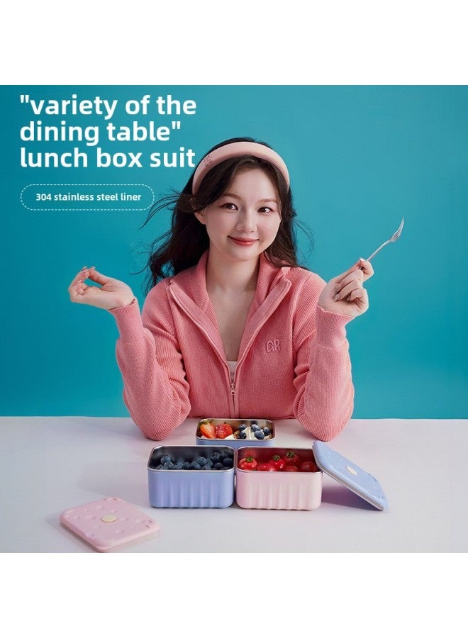 Office Workers Insulated Lunch Box Fruit Lunch Box Square Microwave Oven 304 Stainless Steel Refrigerator Fresh Storage Box-Specifications:Pink Body And Purple Lid Lunch Box 600ml-Color:Double-layer Extra Thick Food-grade Pp5 Outer Box + 304 Inner Tank  - Image 2