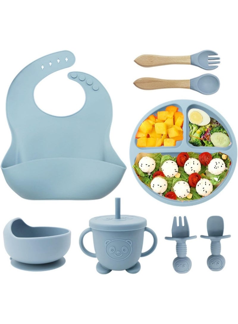 8 Pcs Silicone Baby Feeding Set, Baby Tableware Set, Baby Led Weaning Supplies with Suction Bowl Divided Plate, Self Feeding Spoons Forks Sippy Cup Adjustable Bib, for 6+ Months (Blue) - Image 1
