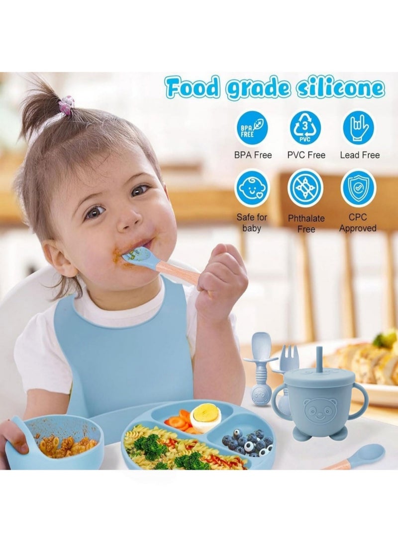 8 Pcs Silicone Baby Feeding Set, Baby Tableware Set, Baby Led Weaning Supplies with Suction Bowl Divided Plate, Self Feeding Spoons Forks Sippy Cup Adjustable Bib, for 6+ Months (Blue) - Image 2