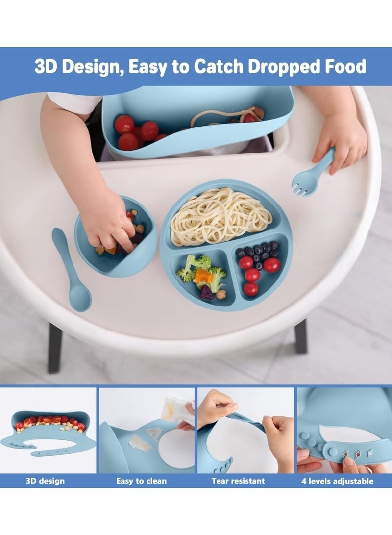 8 Pcs Silicone Baby Feeding Set, Baby Tableware Set, Baby Led Weaning Supplies with Suction Bowl Divided Plate, Self Feeding Spoons Forks Sippy Cup Adjustable Bib, for 6+ Months (Blue) - Image 3