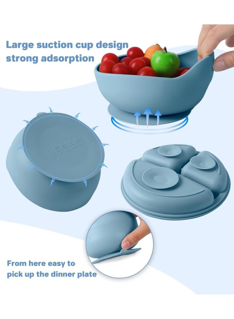 8 Pcs Silicone Baby Feeding Set, Baby Tableware Set, Baby Led Weaning Supplies with Suction Bowl Divided Plate, Self Feeding Spoons Forks Sippy Cup Adjustable Bib, for 6+ Months (Blue) - Image 5