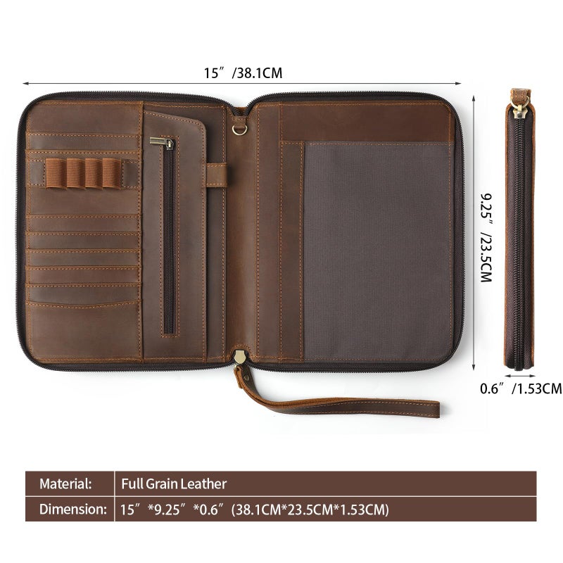 Ringsun Genuine Leather Portfolio with Zipper, Padfolio Portfolio Organizer Folder for Men Women, Professional Business Card Holder for A5 Letter Size Notepad, Resume, Writing Pad, Pen Loop - Image 2