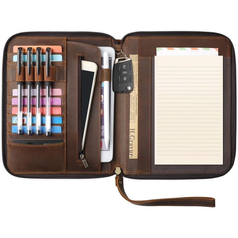 Ringsun Genuine Leather Portfolio with Zipper, Padfolio Portfolio Organizer Folder for Men Women, Professional Business Card Holder for A5 Letter Size Notepad, Resume, Writing Pad, Pen Loop - Image 1