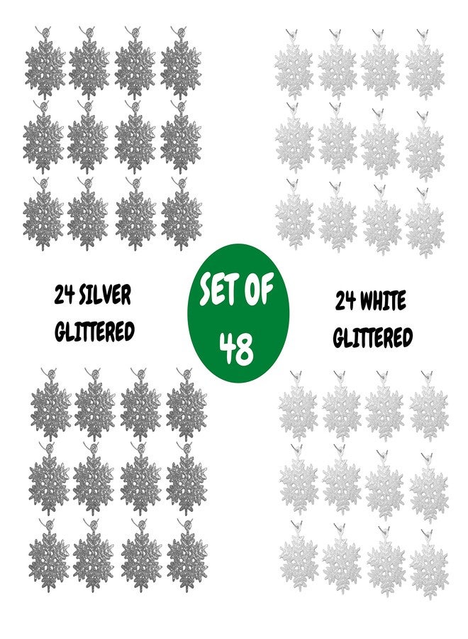 BANBERRY DESIGNS Christmas Snowflake Ornaments - Pack of 48-24 Silver and 24 Glittered White - 1 1/4" Dia - Image 2