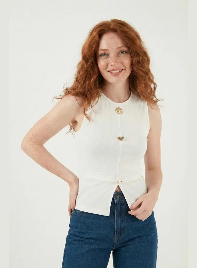 Lela Lela Fitted Crew Neck Blouse with Accessory Details Women's Blouse 5866475