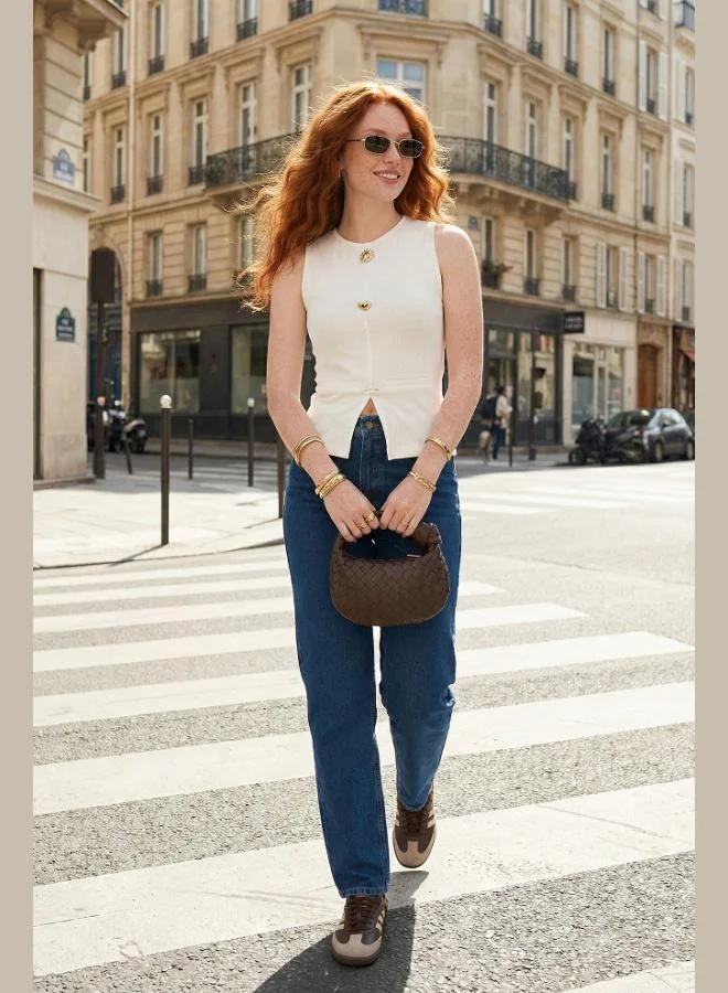 Lela Lela Fitted Crew Neck Blouse with Accessory Details Women's Blouse 5866475