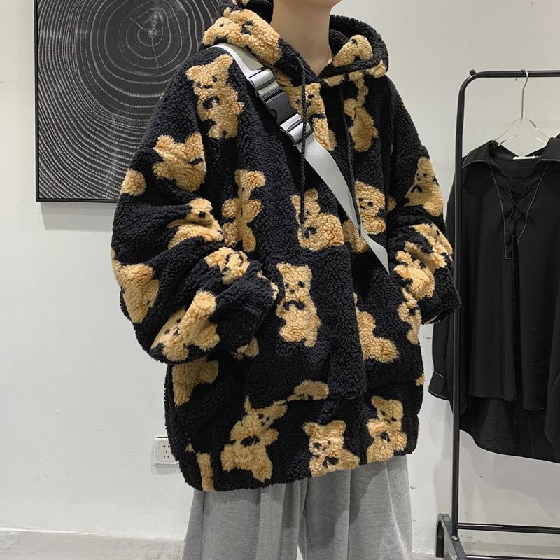 Mens Lamb Wool Sweater Cartoon Print Hoodie Black