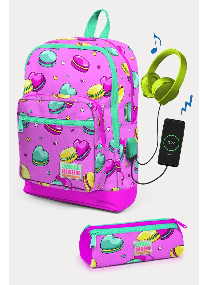 كورال هاي Kids Light Pink Water Green Macaron Patterned USB 2-Piece School Bag Set SET0223261