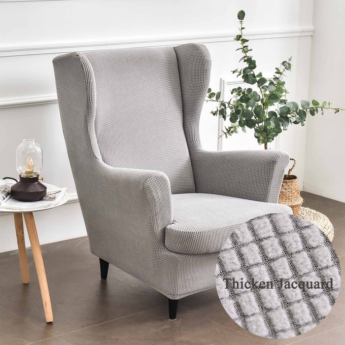 WINGBACK CHAIR COVERS 2 PIECE STRETCH WING CHAIR SLIPCOVER SOLID COLOR JACQUARD THICKEN STRANDMON SOFA COVER FURNITURE PROTECTOR FOR ARMCHAIR CHAIRS LIVING ROOM BEDROOM HOTEL GREY
