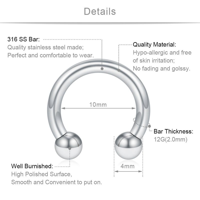 SCERRING 12PCS 10mm Mix Color Stainless Steel Nose Horseshoe Hoop Rings Eyebrow Lip Ear Tragus Septum Piercing Hanger Retainer 12G - Image 2