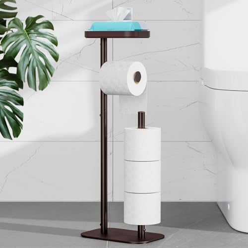 Kitsure Toilet Paper Holder Free Standing Rustproof Metal Toilet Paper Stand for 4 Rolls with AntiSlip Base and Shelf for Phone Small Items Bathroom Organizers and Storage Medium Brown - Image 1