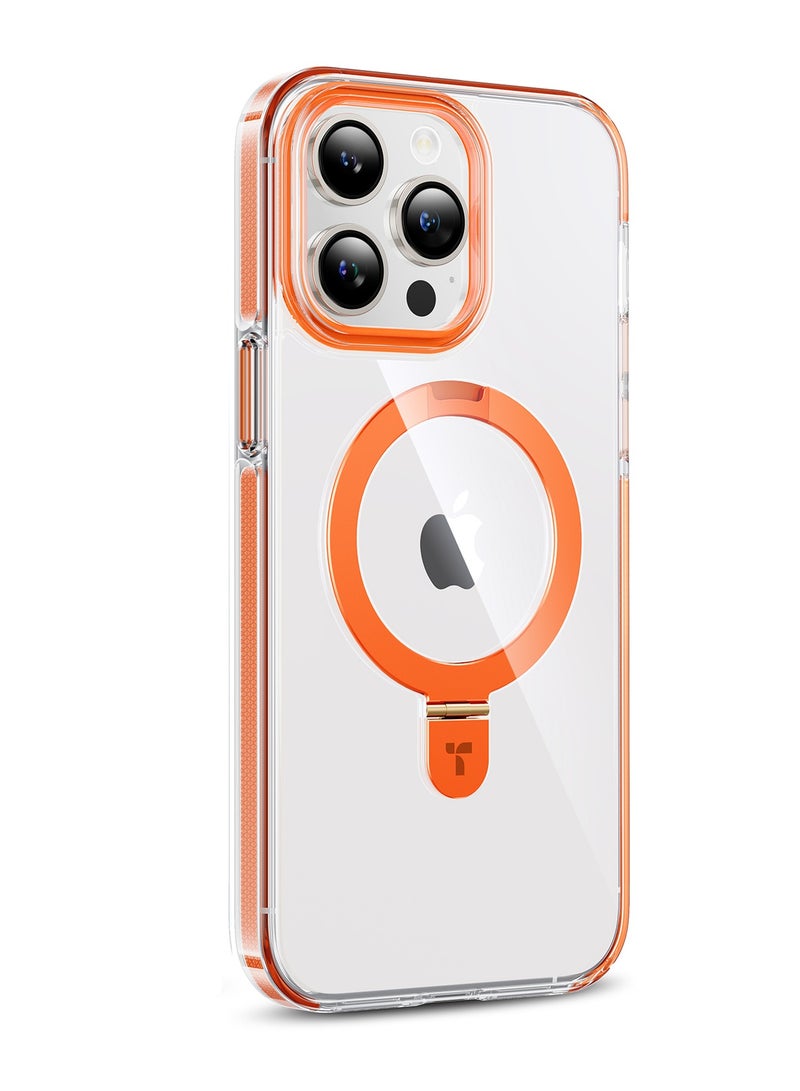 حافظة مغناطيسية Ostand مصممة لجهاز iPhone 15 Pro، [اختبار سقوط بمعيار عسكري][متوافقة مع MagSafe][مزودة بقاعدة مدمجة] شفافة رقيقة صلبة حواف ناعمة مضادة للبصمات، برتقالي - Image 2