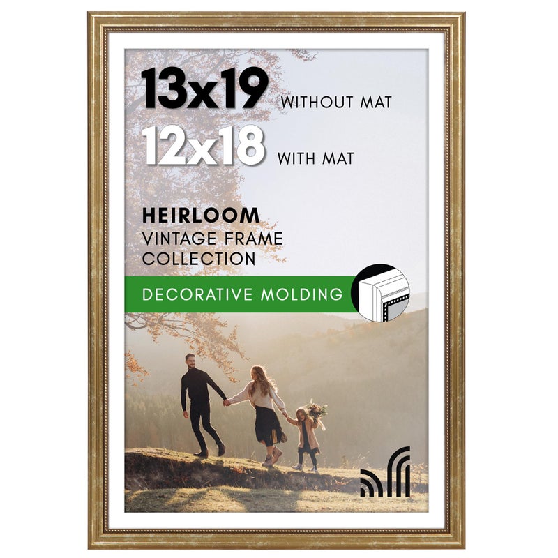 Americanflat Vintage Frames - 13x19 Picture Frame with Beaded Accents and Polished Plexiglass - Use as 12x18 Frame or Display 13x19 Photos Without Mat - Heirloom Collection - Wall Display - Gold - Image 1