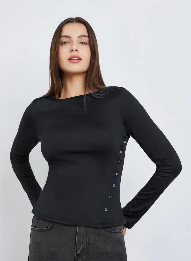 Styli Women Black Solid Color Eyelet Knit Top