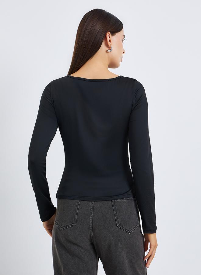 Styli Women Black Solid Color Eyelet Knit Top - Image 4