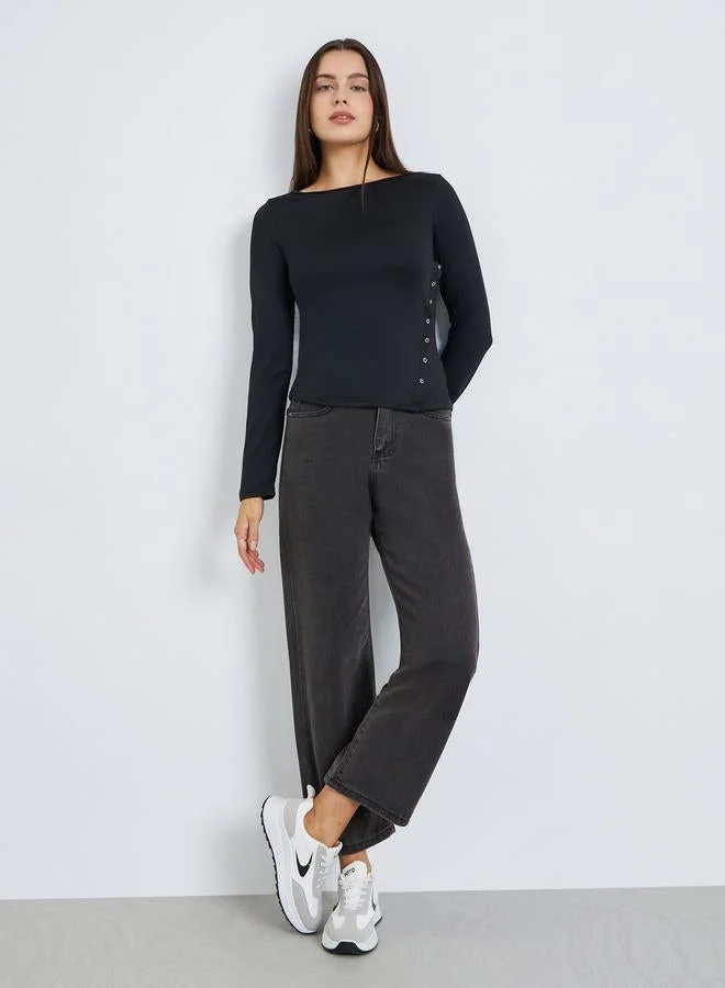 Styli Women Black Solid Color Eyelet Knit Top