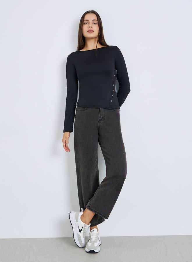 Styli Women Black Solid Color Eyelet Knit Top - Image 2