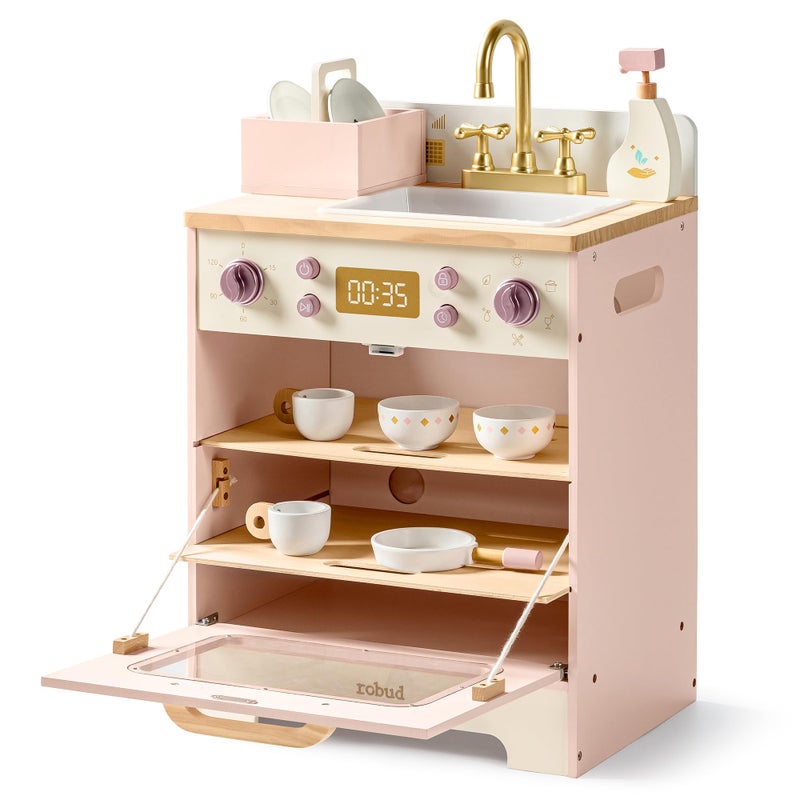 ROBUD Wooden Dishwasher Playset Play Kitchen Set Toy Dishwasher for Kids Pretend Toddlers Kitchen Toy with Storage Baskets Plates Bowls and Detergent Gift for Boys Girls Age 3 Pink - Image 3